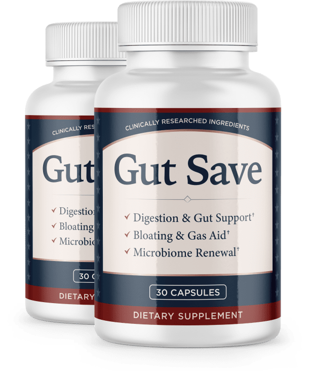 Gut Save dietary supplement bottles — 30 capsules for digestion, gut support, bloating and gas aid
