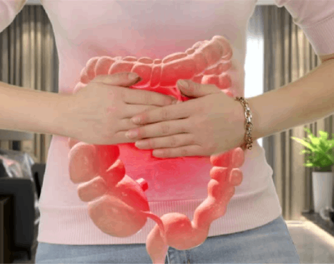 Woman holding her stomach in digestive discomfort with gut illustration overlay