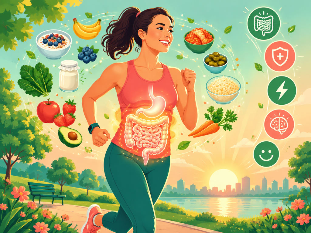 AI illustration of an energetic woman jogging with a healthy glowing gut — benefits of Gut Save