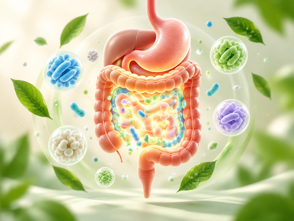 AI illustration of a healthy digestive system with probiotic bacteria — how Gut Save boosts digestive health